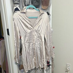 Cider Satin Cream Long Sleeve Pleated Mini Dress